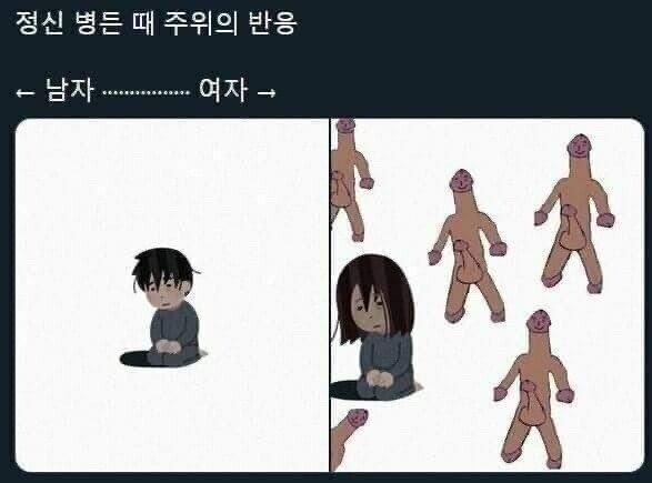 남,녀가 정신병 걸렸을때 주위 반응